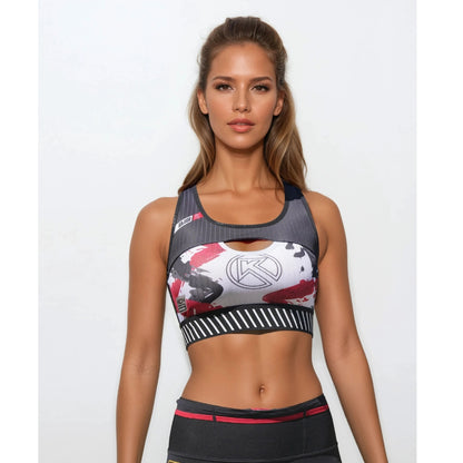 Woman wearing a sports bra with a brand logo on a white background